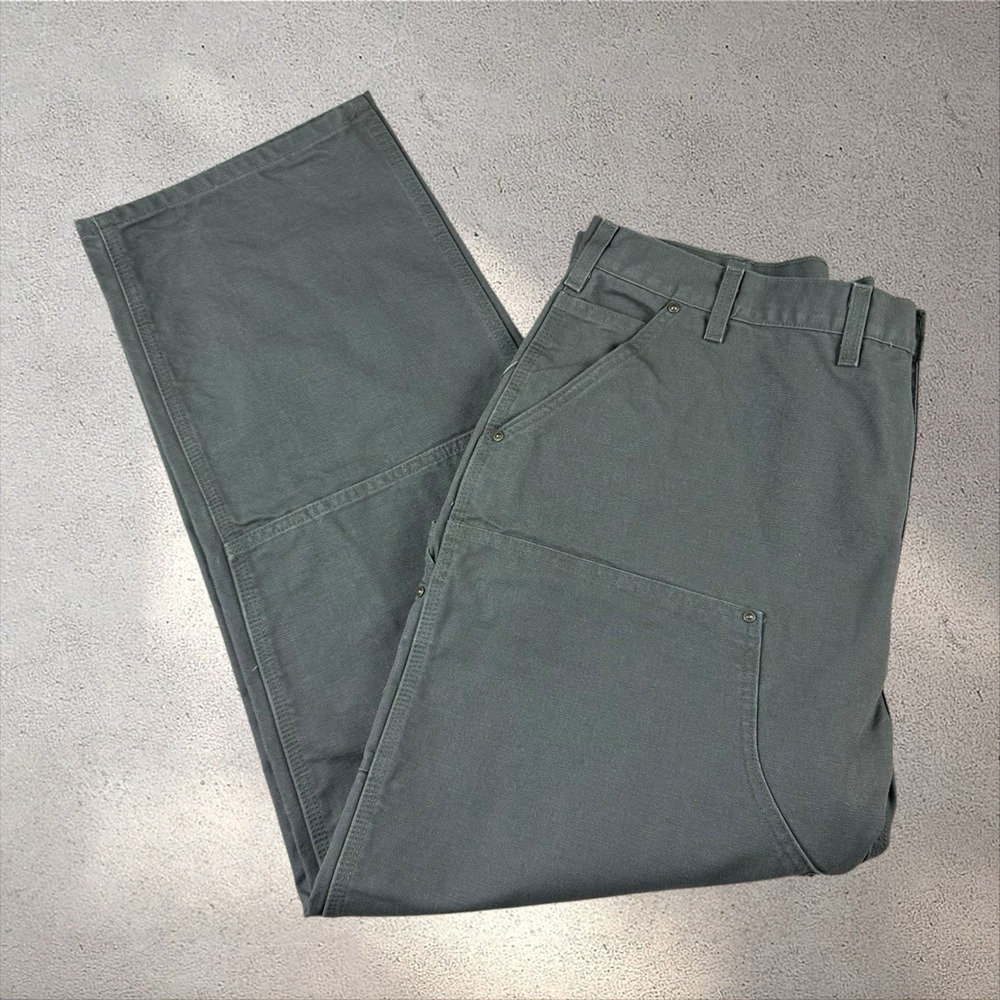 Vtg Carhartt B136 Mos 44x32 Green Double Knee Fader Canvas Distressed